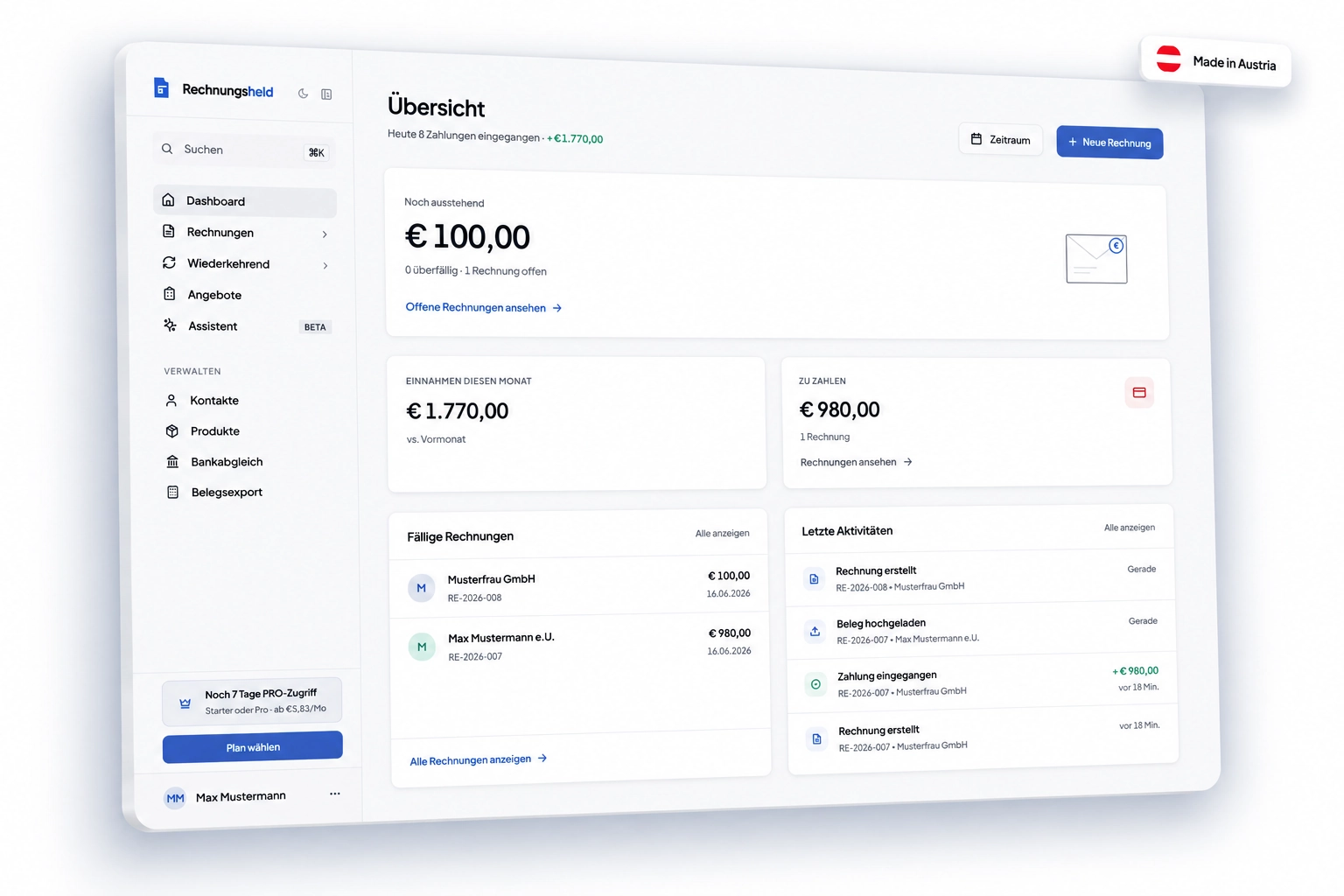 Rechnungsheld – Dashboard mit Umsatz, offenen Rechnungen und Cashflow