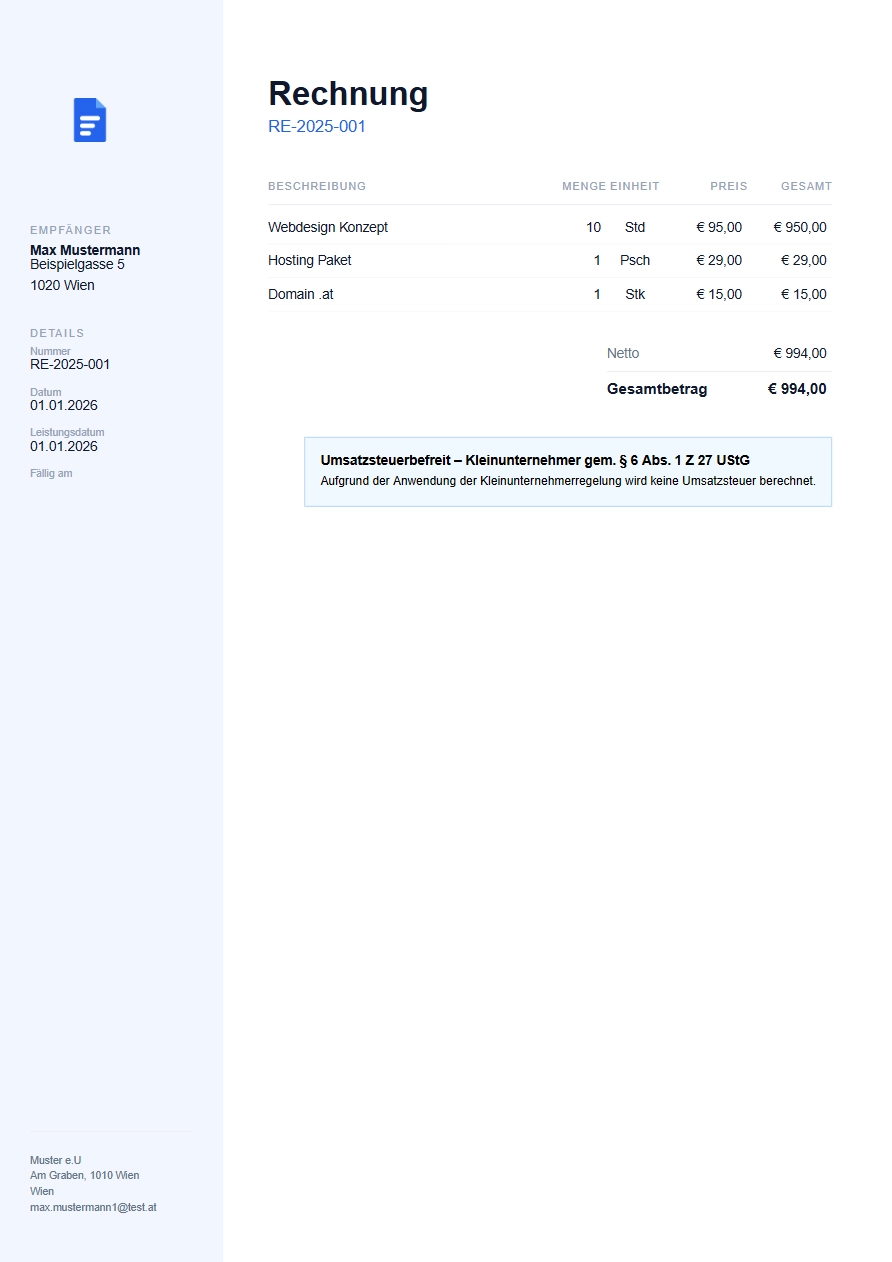 Technische Rechnungsvorlage mit Sidebar-Layout